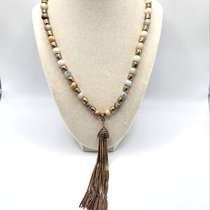 VINTAGE Natural Stone Beaded Long Necklace Gold Tone Tassel